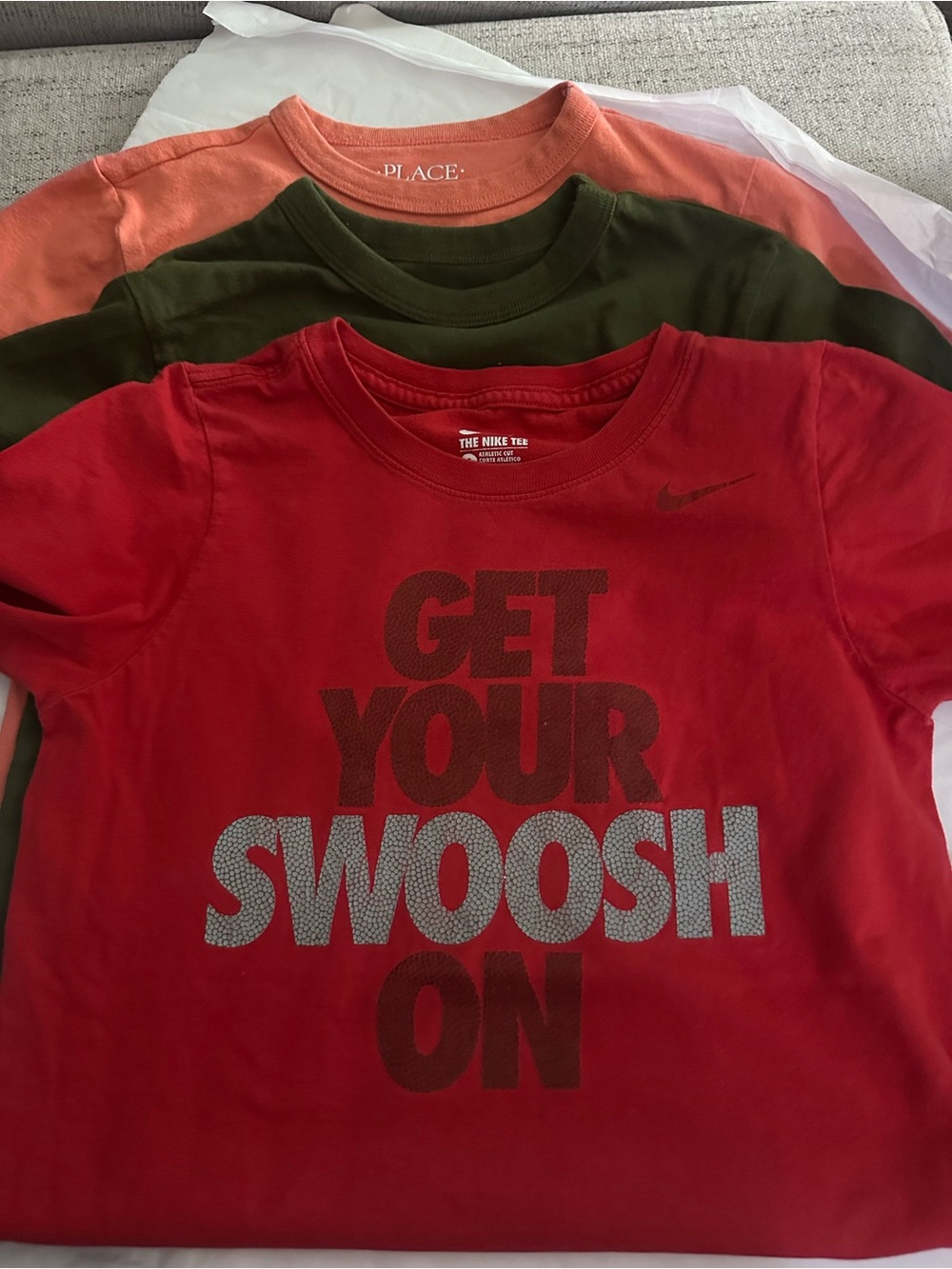 Nike & Children’s Place set of 3 Red Graphic Tee with Silver Swoosh Text